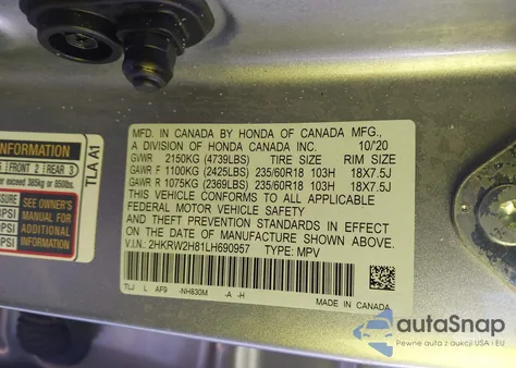 2020 Honda Cr-V Awd Ex-L from USA, damaged, VIN 2HKRW2H81LH690957
